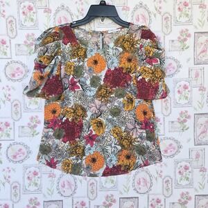 Womens Floral Blouse Top Puff Sleeve Multi-Color Orange Yellow Red Casual Small